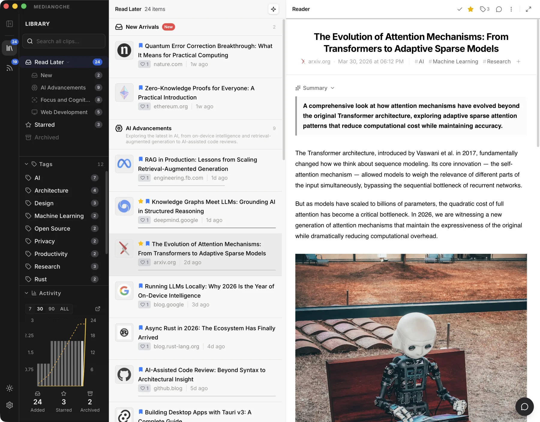 Medianoche app showing the Library with AI-powered article clustering, reading view, and smart tagging